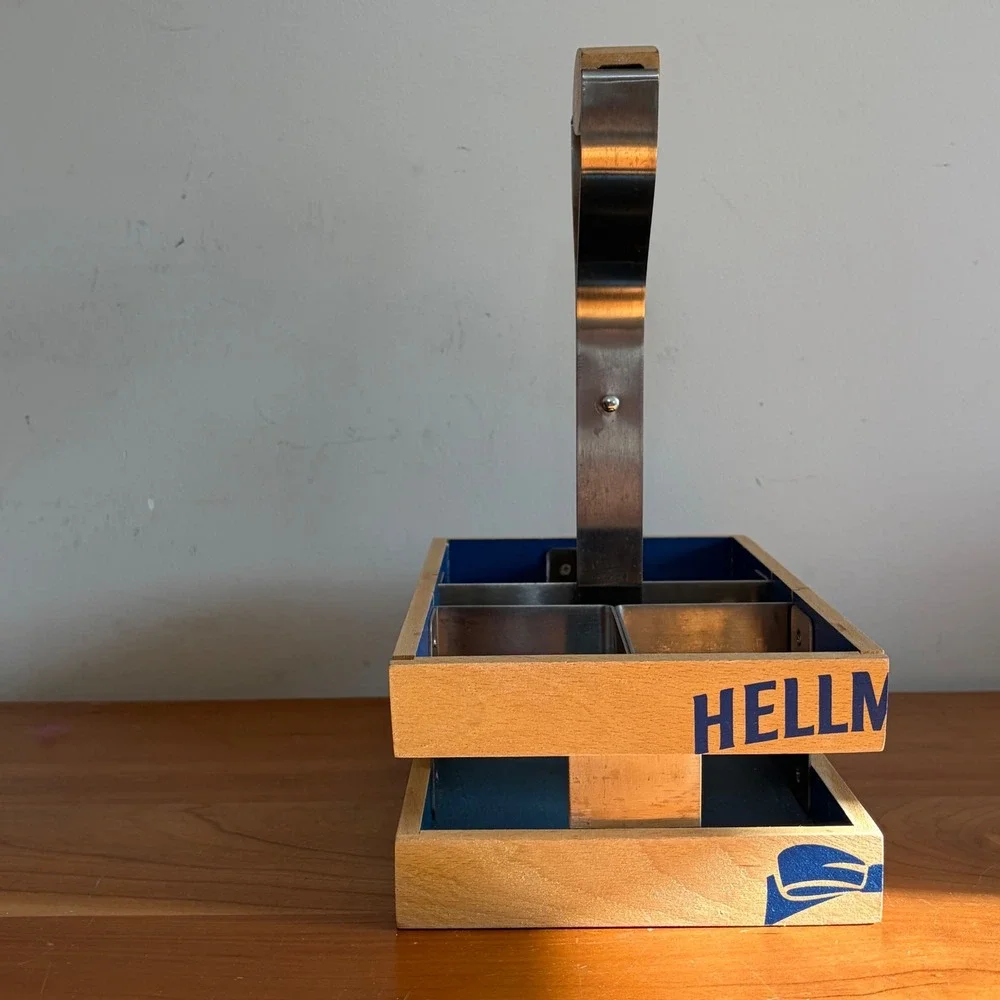 Hellmann's Wooden Condiment Caddy 4 Compartment Picnic Tote with‎ Metal Handle